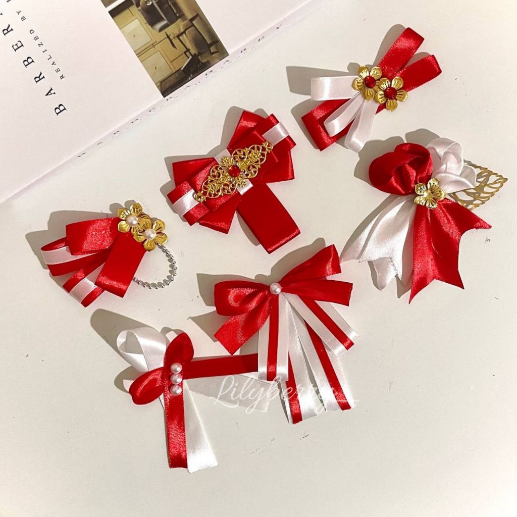 Bross Merah Putih Premium Aksesoris Hijab Dada Mewah - Bros Pita Satin Emas Mutiara