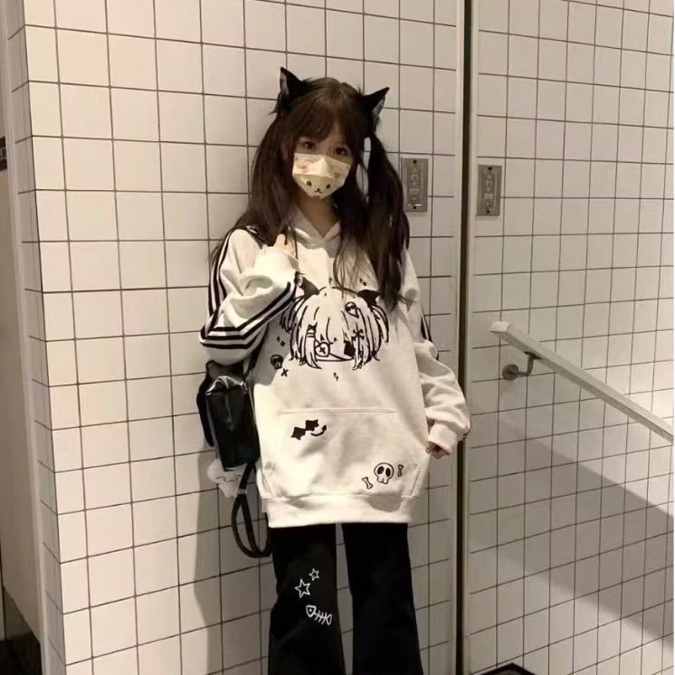 Bloom Hoodie Anime Kawaii Cat Girl Abu | Sweater Cewek Korean Style Stripe Lengan Aesthetic Oversize
