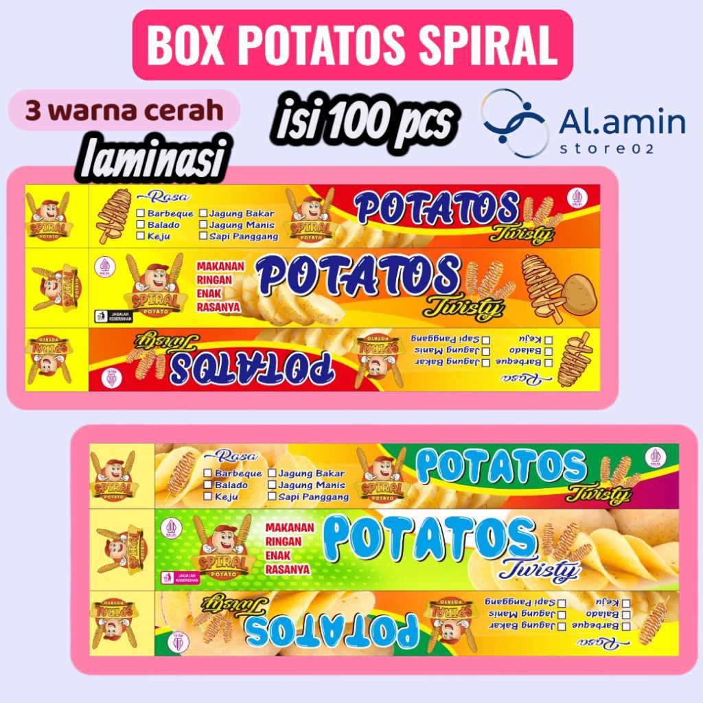 Box POTATOS spiral/dus kentang ulir/spiral/kemasan kentang goreng spiral isi 100 pcs laminasi termur