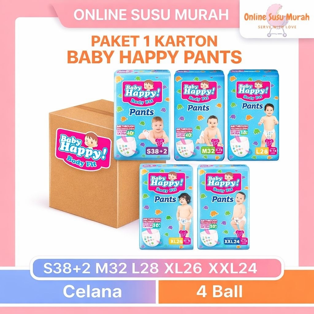 BABY HAPPY PANTS PAKET 4 BALL / 1 KARTON M32 L28 XL26 XXL24 S38+2 PPKS