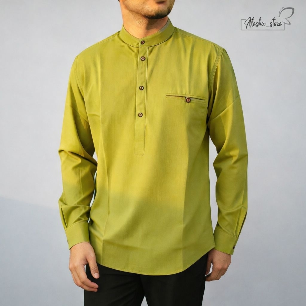 Kemeja Koko Pria Warna Hijau Lemon - kemeja koko pria lengan panjang