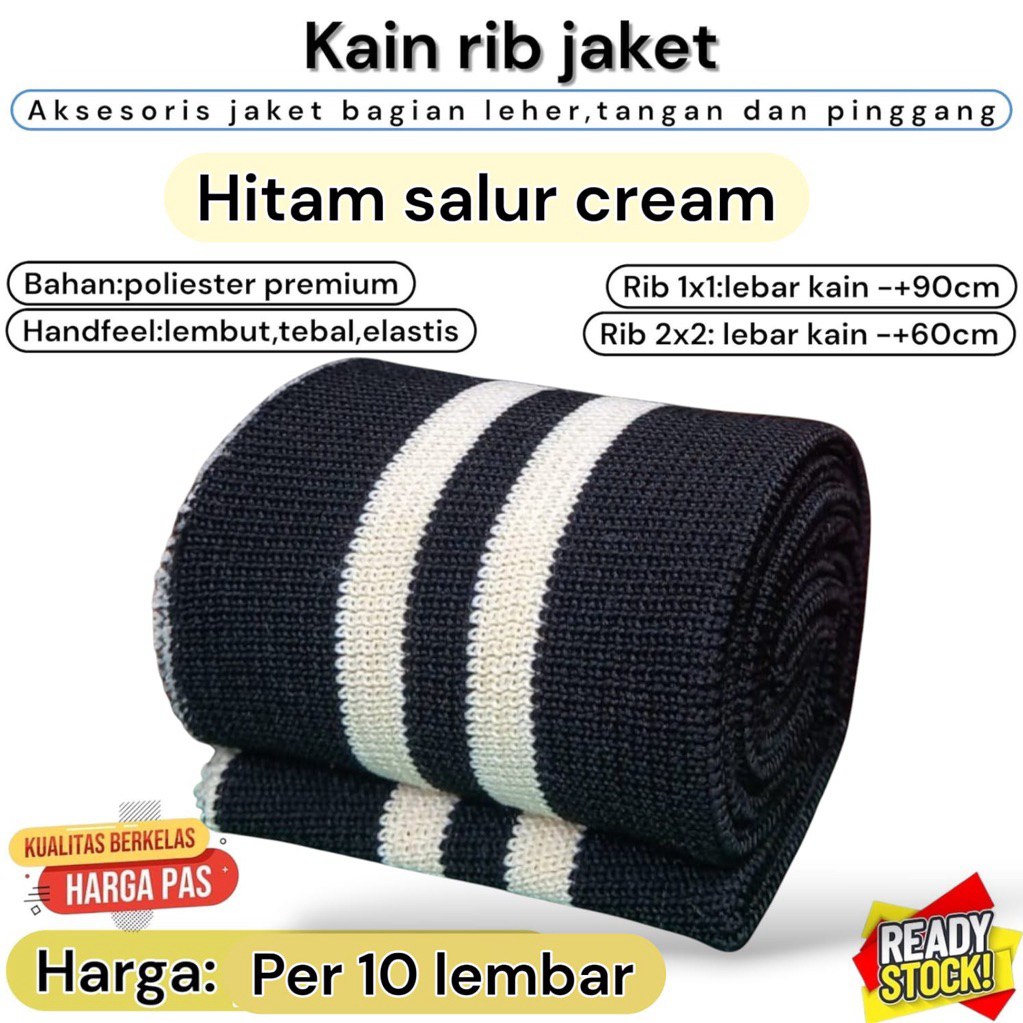 Kain Rib bur rajut 1x1 warna dasar Hitam salur Cream polyster premium tebal