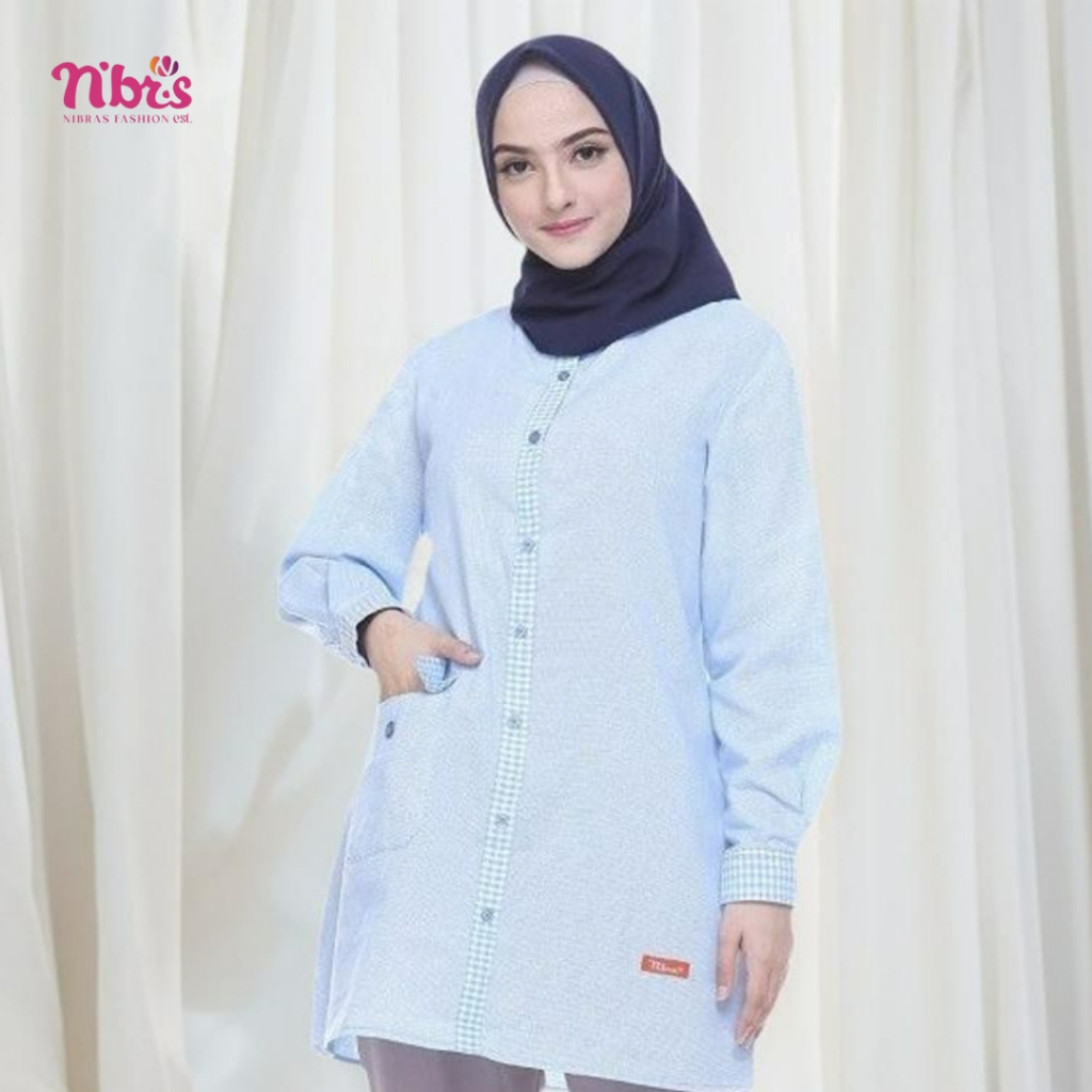 New Nibras Atasan Muslim NA 039 NA 39 Bahan Yarndyed Cotton Premium Biru Kotak