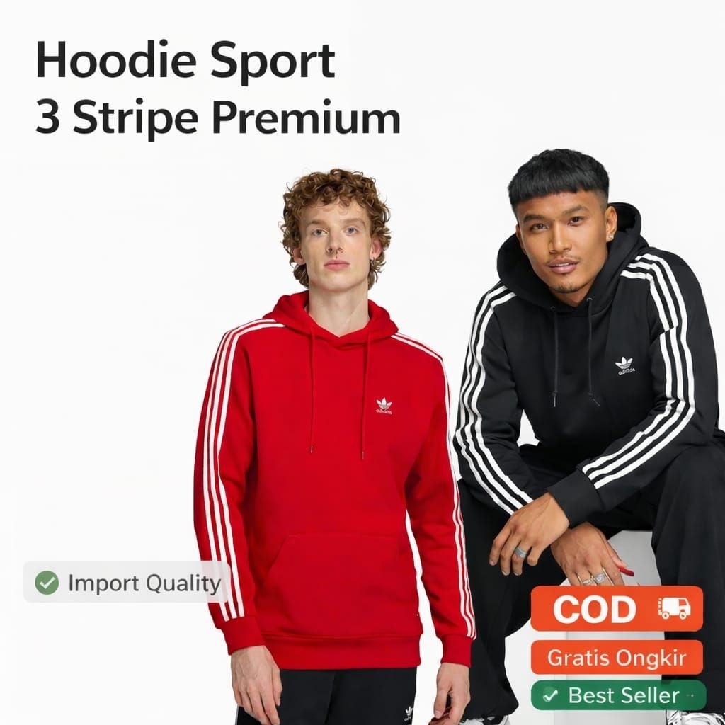 Hoodie 3 Stripe Premium Pria Wanita Bahan Baby Terry Tebal Hoodie Polos Sport Jaket Hoodie Kekinian
