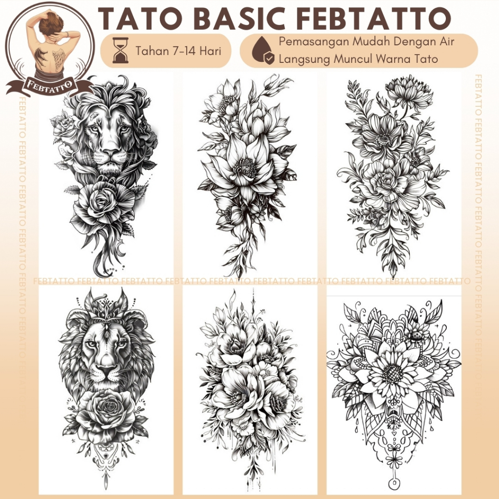TERBARU Stiker Tato Temporer Tahan 1-2 Minggu 11x21cm Tatto Temporary Semi Permanent bunga singa ter