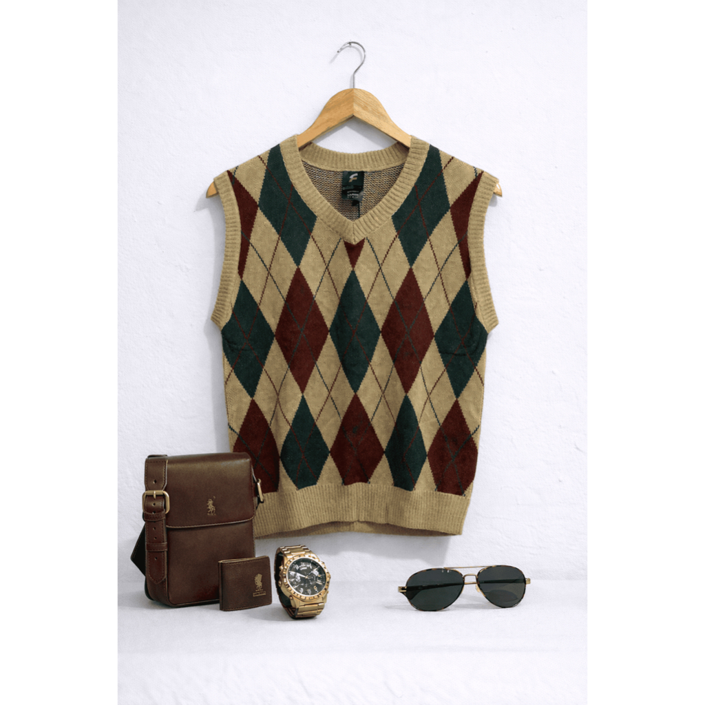 Vest Rajut Argyle Unisex Premium Motif Kotak | Sweater Vest Pria Wanita Smart Casual | Size L