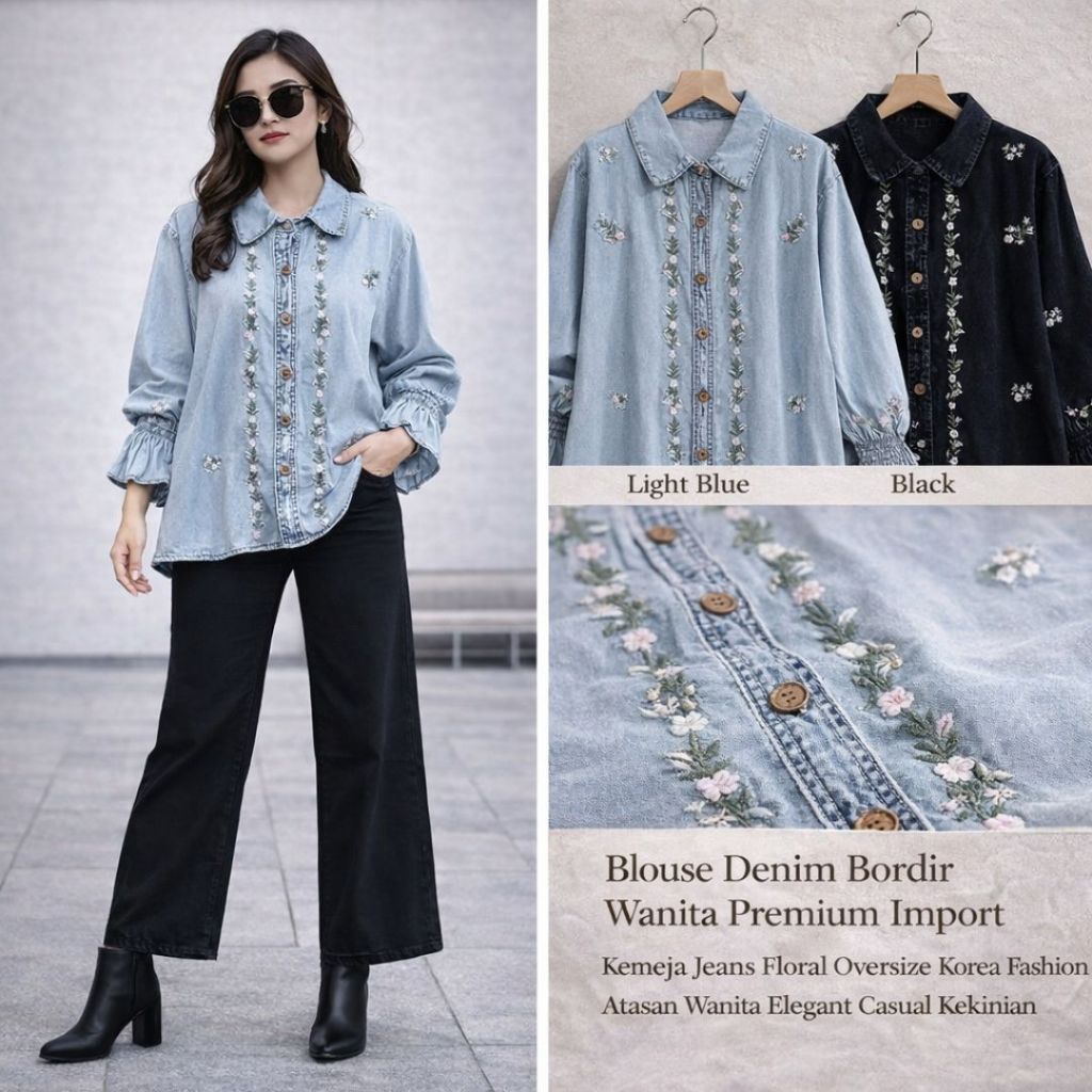 Blouse Denim Bordir Wanita Premium Import Kemeja Jeans Floral Oversize Korea Fashion Atasan Wanita E