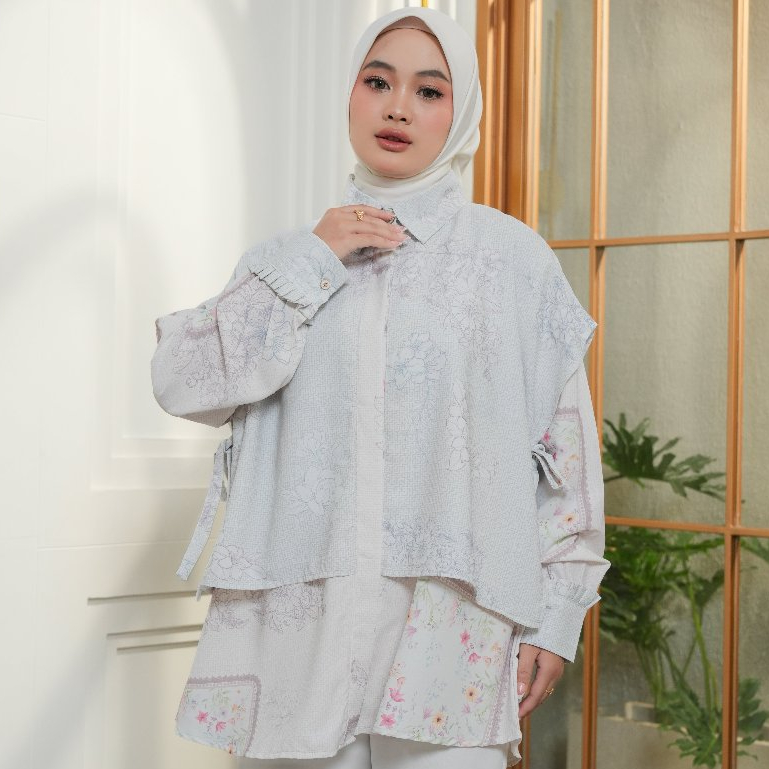 Blouse Atasan Wanita Lengan Panjang Motif Floral Bahan Alesha Elegant Baju Kerja Kantor Casual Hijab