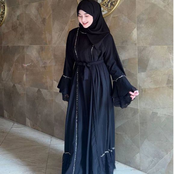 Abaya Turkey Hitam Mewah Original - Bahan Arabian Silk Renda Bordir Premium Dress Muslim Kondangan B