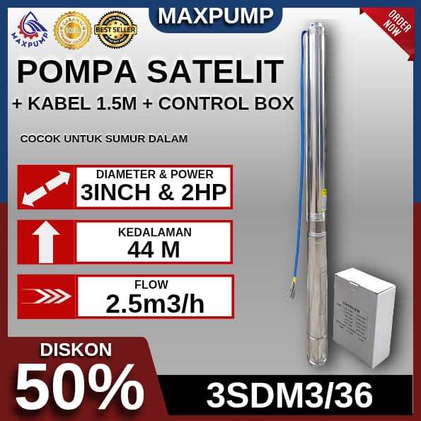 MAXPUMP Pompa Sumersible 3 inch 1.5 kw 2hp Sibel Satelit Full Tembaga - Kabel 1.5 Meter Sumur Dalam 