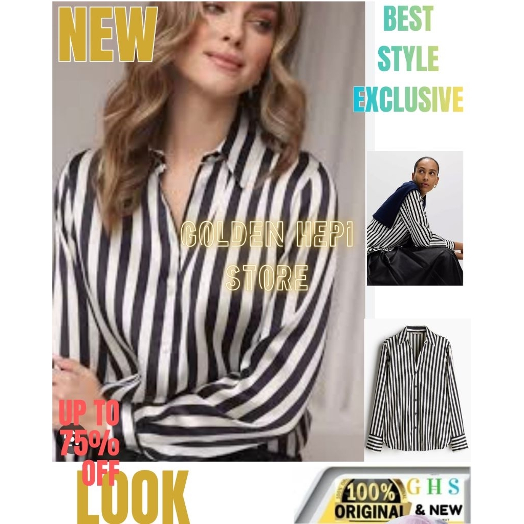 Kemeja  SATIN SILK LEMBUT  V- NECK STRIPED H*M Banyak Motif Kemeja Wanita kantor Formal