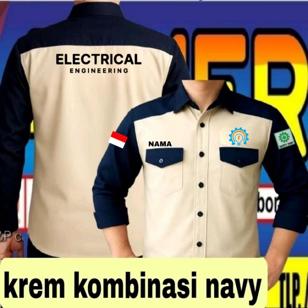 ready stok full bordir krem kombinasi navy Kemeja electrical engineering baju electrical engineering