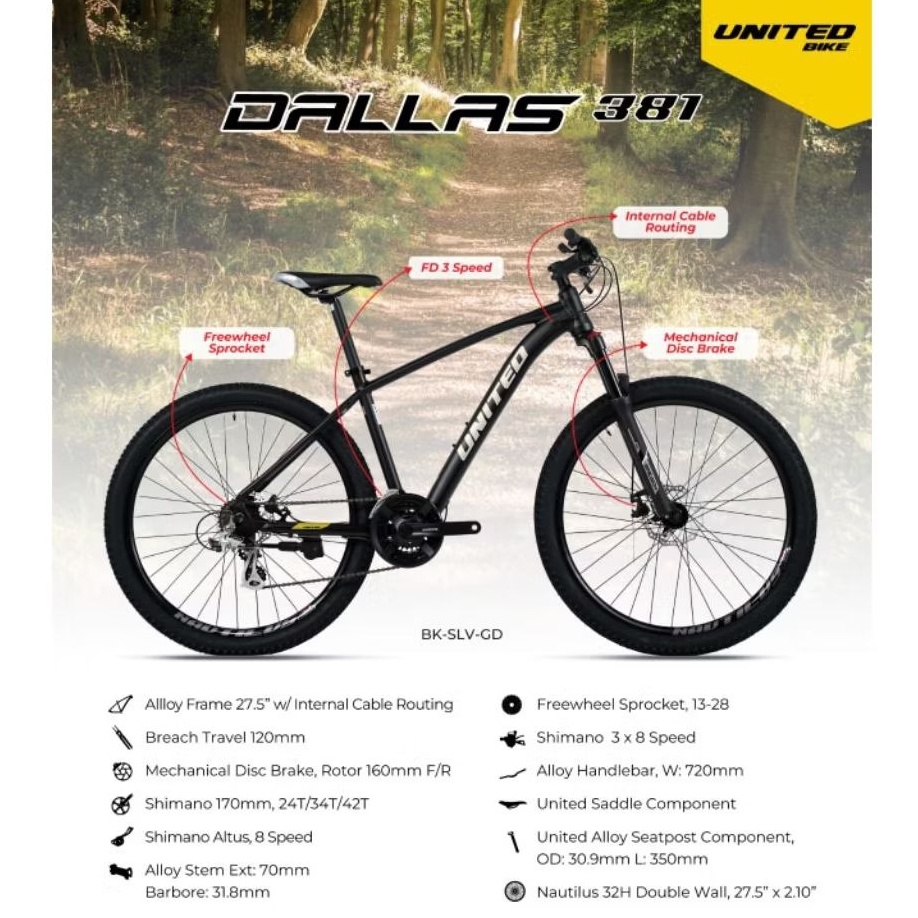 Sepeda Gunung MTB UNITED DALLAS 381 Alloy 27.5 Inch Rem Cakram Dewasa Garansi