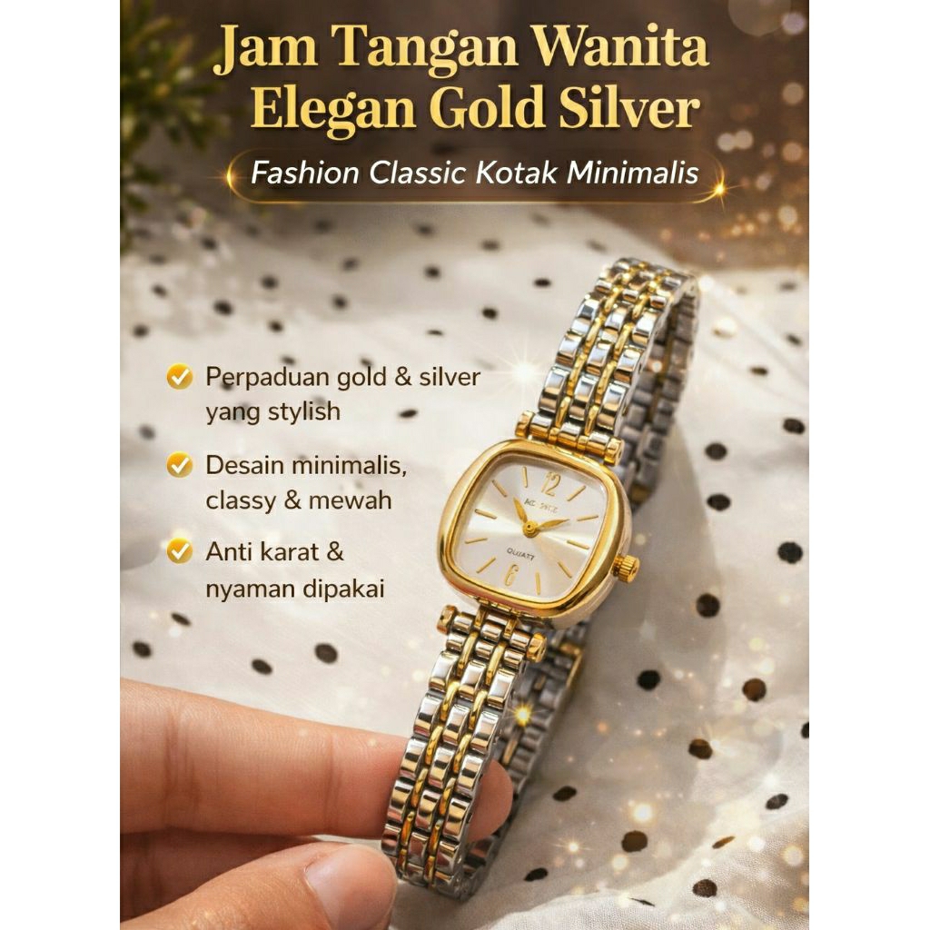 Jam Tangan Wanita Elegan Gold Silver – Fashion Classic Kotak Minimalis | Stylish & Mewah