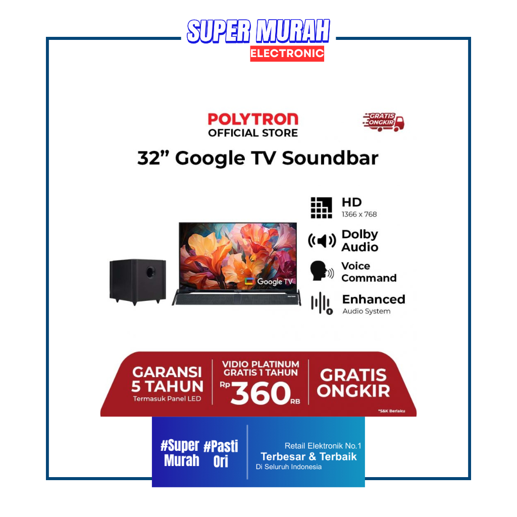 Polytron LED TV 32 Inch PLD 32BG5058 Digital TV Cinemax Soundbar + Subwoofer | SuperMurah Electronic