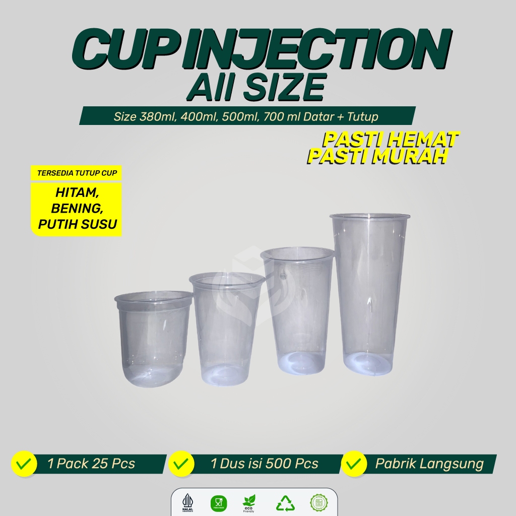 (25 Pcs )  Cup Injection Datar 500ml / Gelas Injection Tebal / Cup PP Injection / Injection Oval Dan