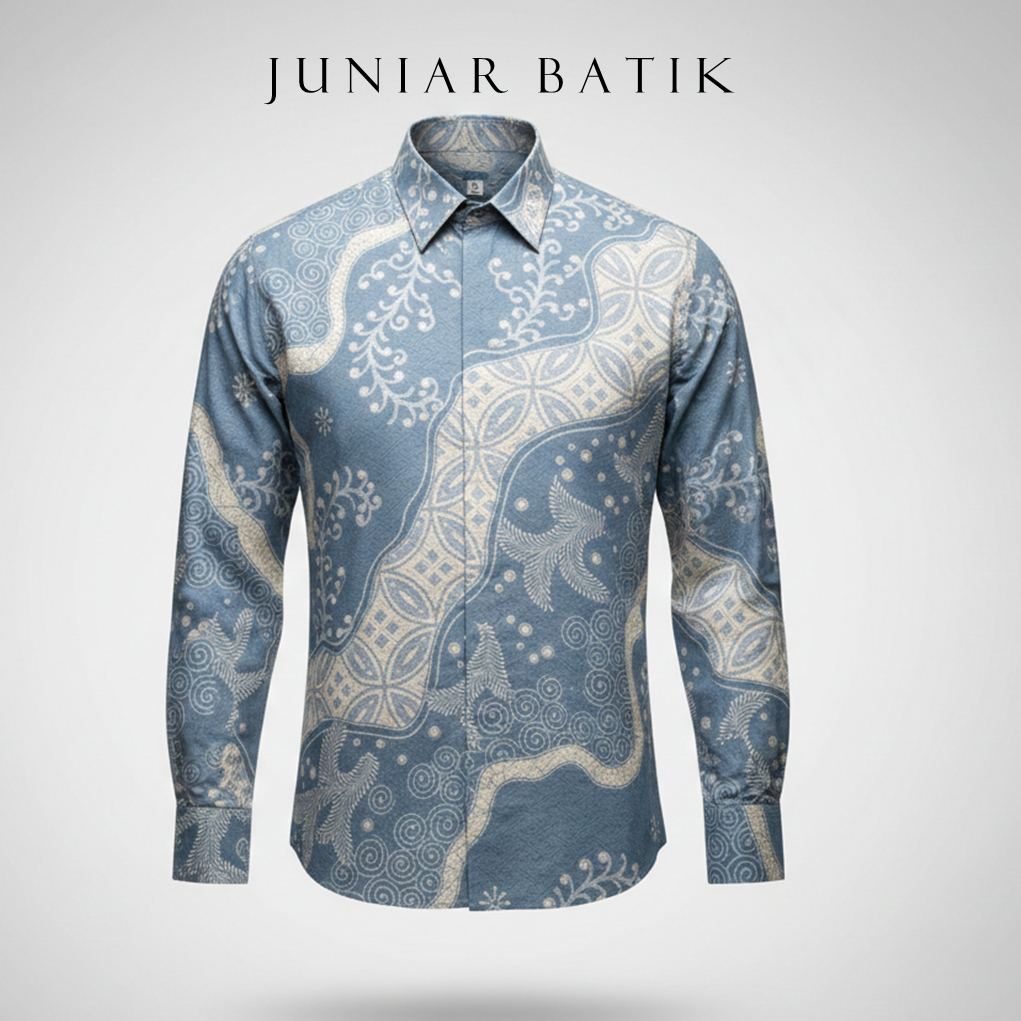 Juniar Batik Kawung Biru - Kemeja Batik Pria Premium Lengan Panjang Slimfit Furing Errow Biru Muda
