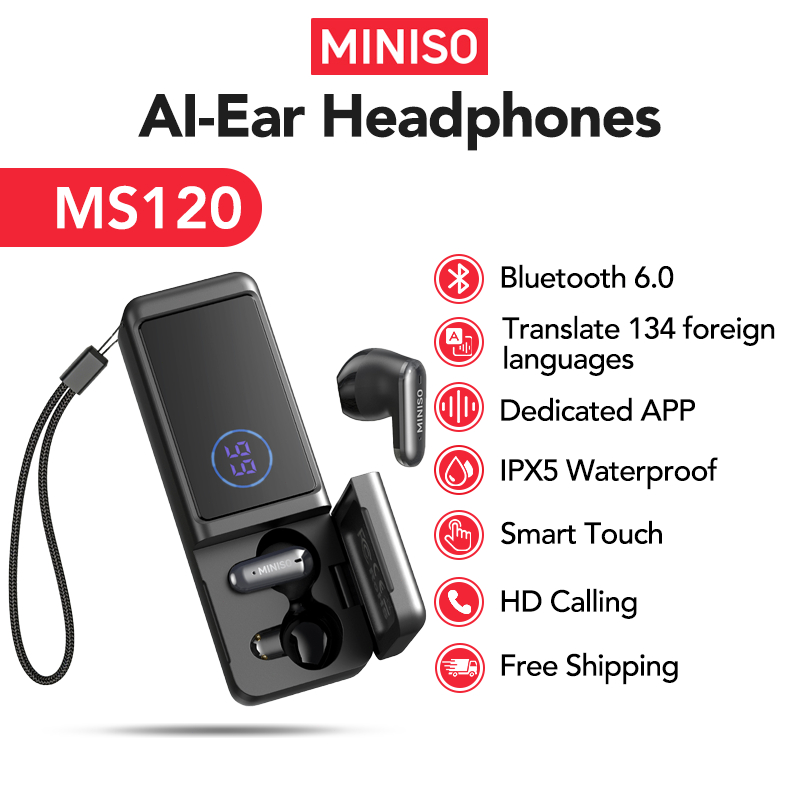 MINISO MS120 Headset V6.0 TWS Bluetooth Earphone Nirkabel Powerbank Lampu Senter Bawaan Tampilan Bat