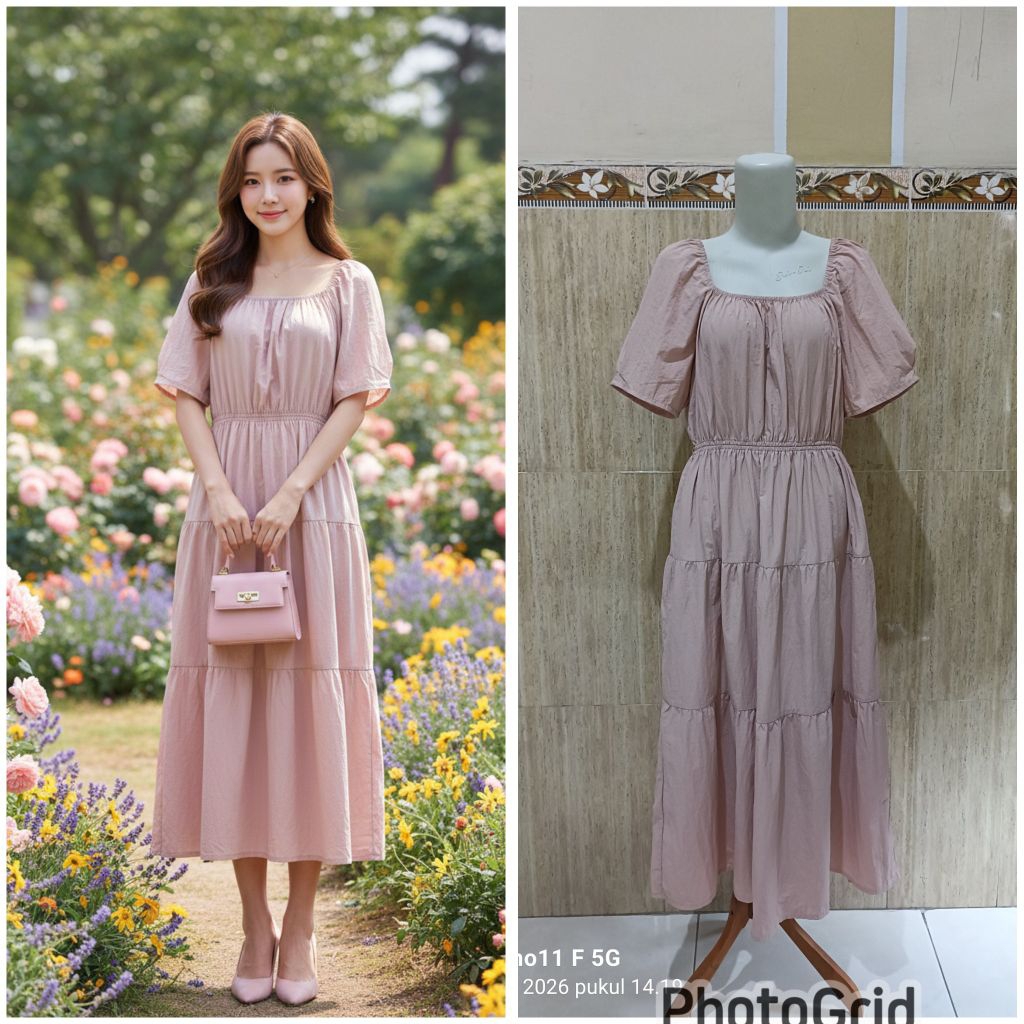 Dress pink umpak lengan balon pendek