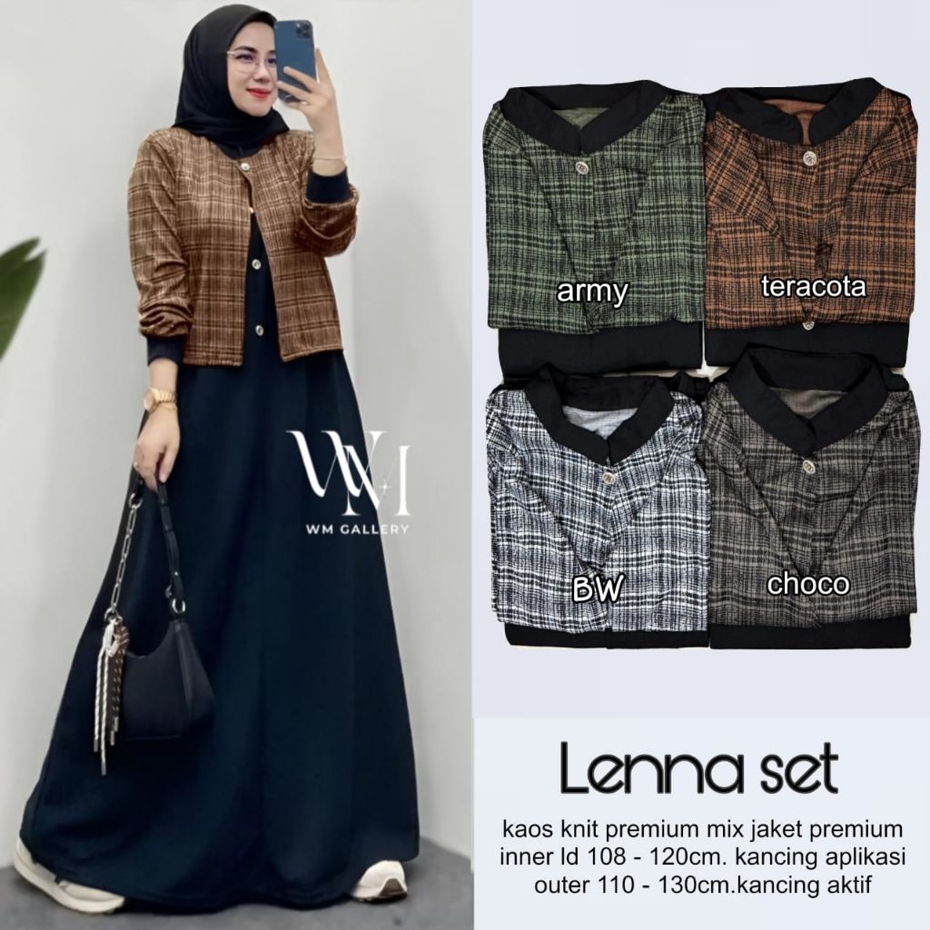 Lenna set gamis wanita trendy kekinian bahan kaos knit premium mix jakat premium inner Ld108-120cm k