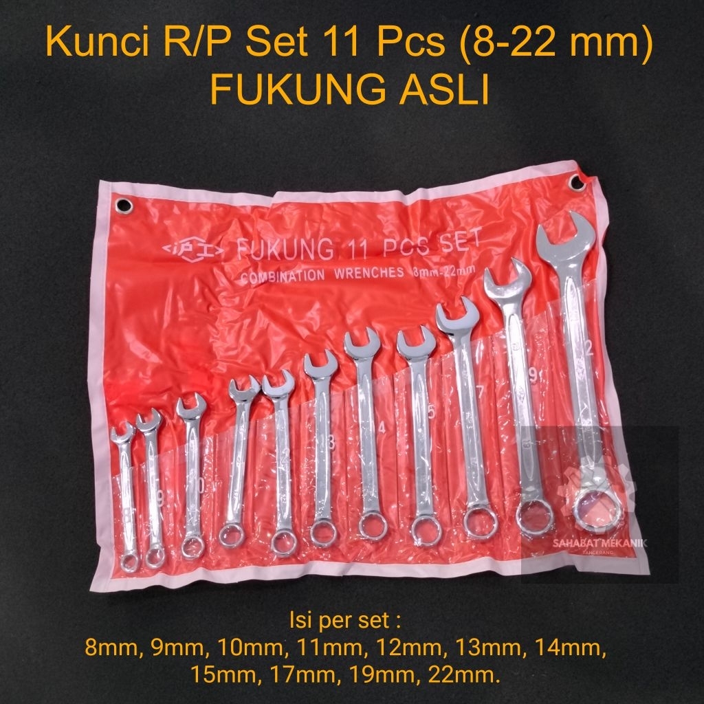 Kunci R/P Set 11 Pcs (8-22) FUKUNG ASLI Ring Pas Set 11 Pcs 8mm - 22mm Kunci Kombinasi Tools