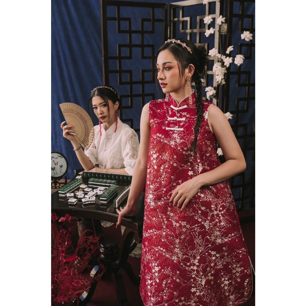 Mandarin Peony - EMPRESS Cheongsam Dress - Jacquard Red Qipao A-Line