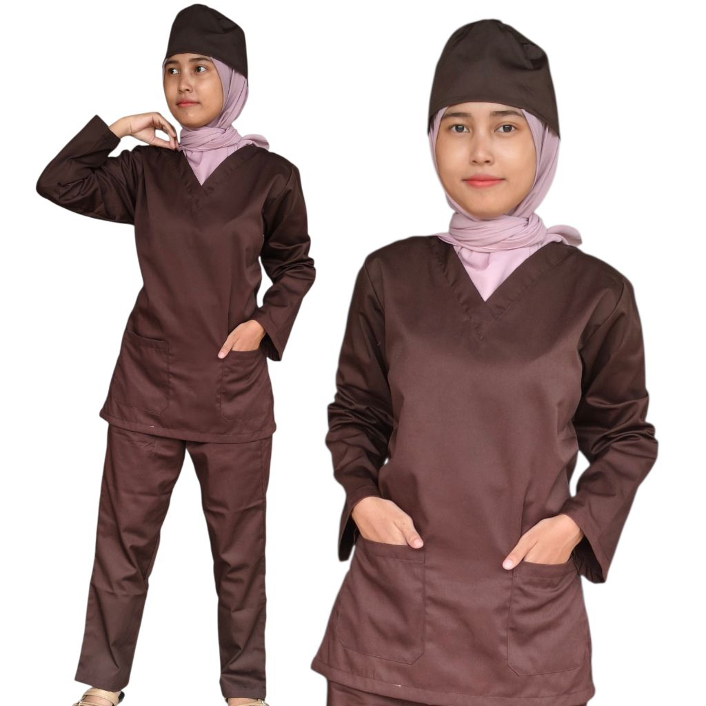 [COKLAT TUA] Baju Jaga Medis | Baju Operasi | Baju Jaga Ok | Scrub Medis | Baju Perawat Putih