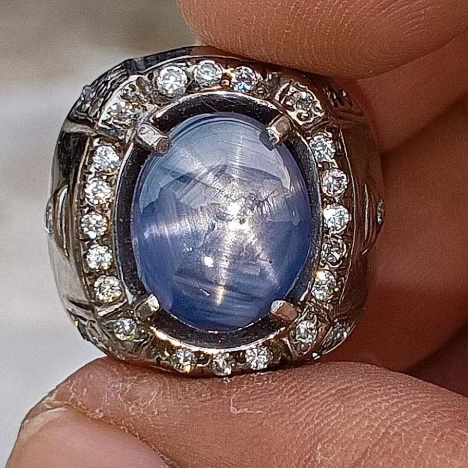 Blue safir star cylon memo gri ring perak 23
