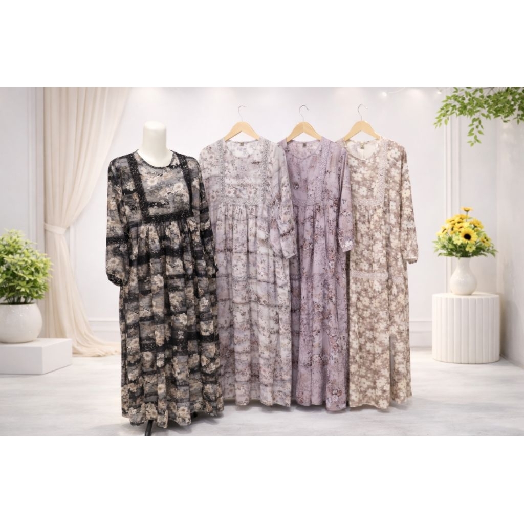 Gamis Slavina Midi Rayon Print Renda Premium