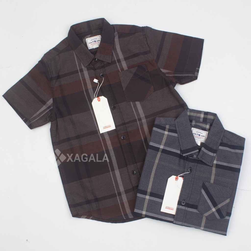 EZIO KIDS KEMEJA ANAK LAKI LAKI PREMIUM TERBARU LENGAN PENDEK KOTAK WARNA COKLAT MAHOGANY ABU