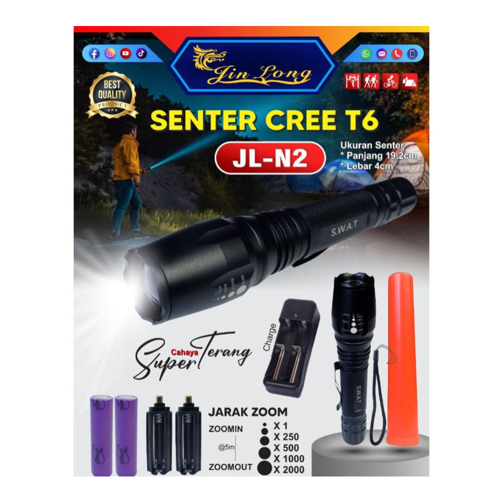 Senter Swat 2 Baterai 18650 JL N2 JINLONG/Senter Swat Super Terang Bagus Original/ Senter Police Pol