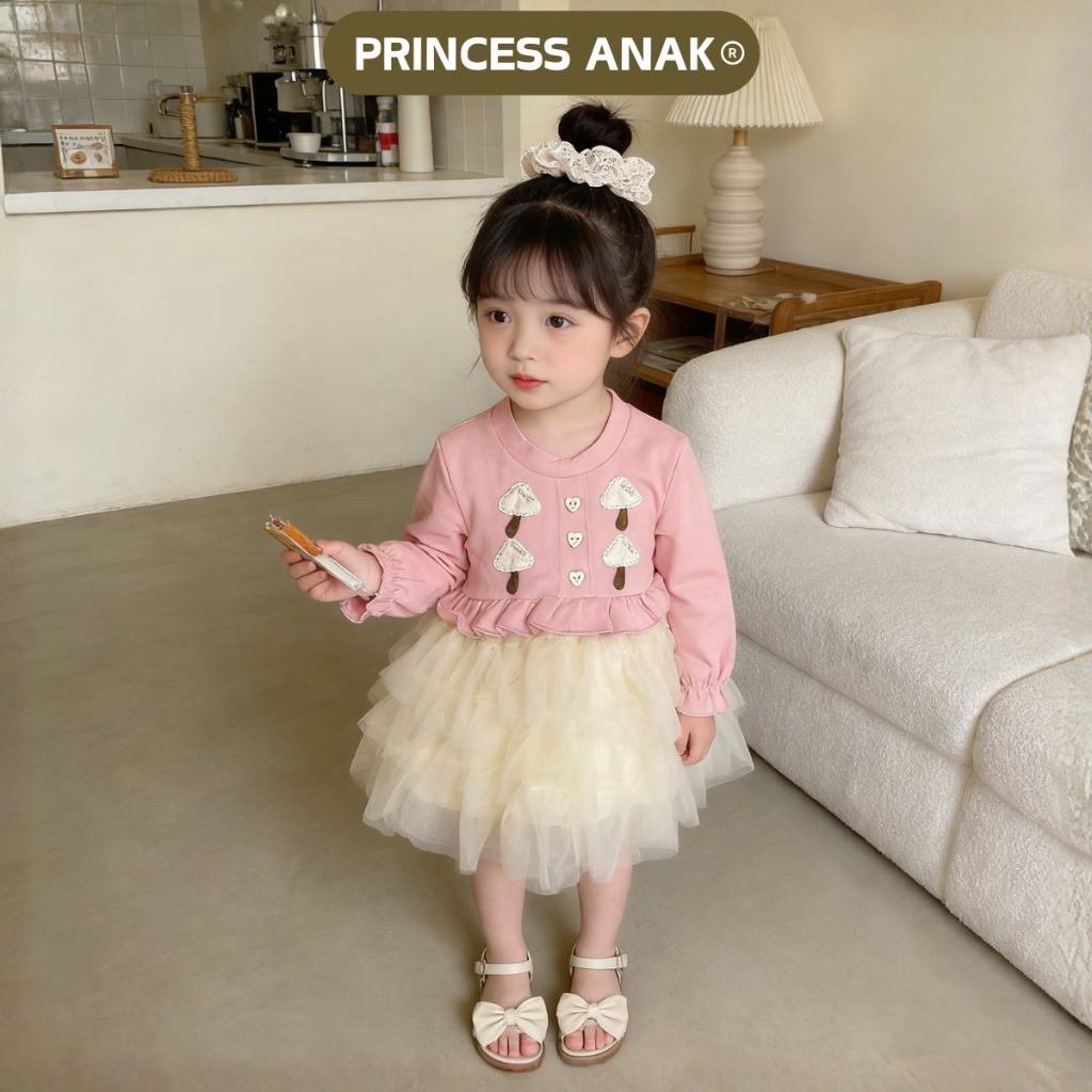 PRINCESS ANAK Dress Anak Perempuan Pesta Ulang Tahun Model Tutu Layered Warna Pink Abu Premium Baju 