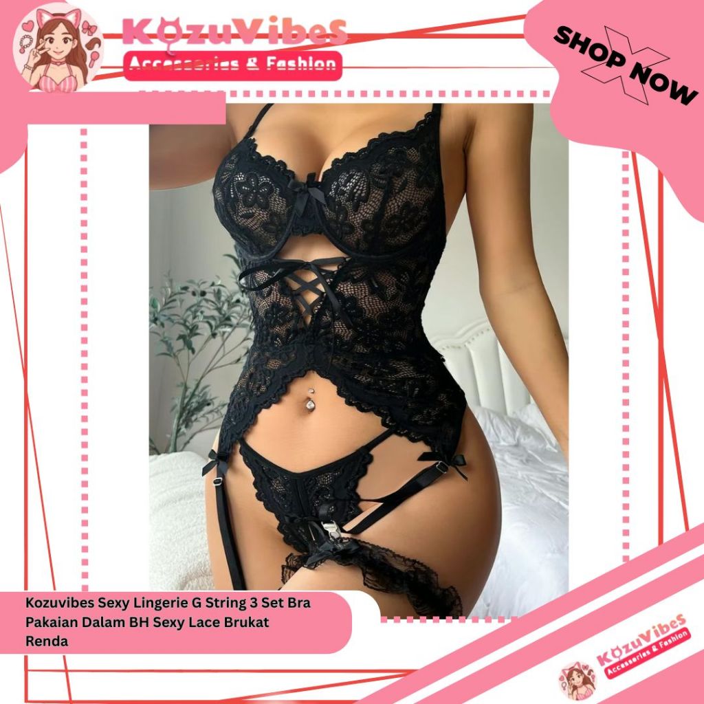Kozuvibes Sexy Lingerie G String 3 Set Bra Pakaian Dalam BH Sexy Lace Brukat Renda