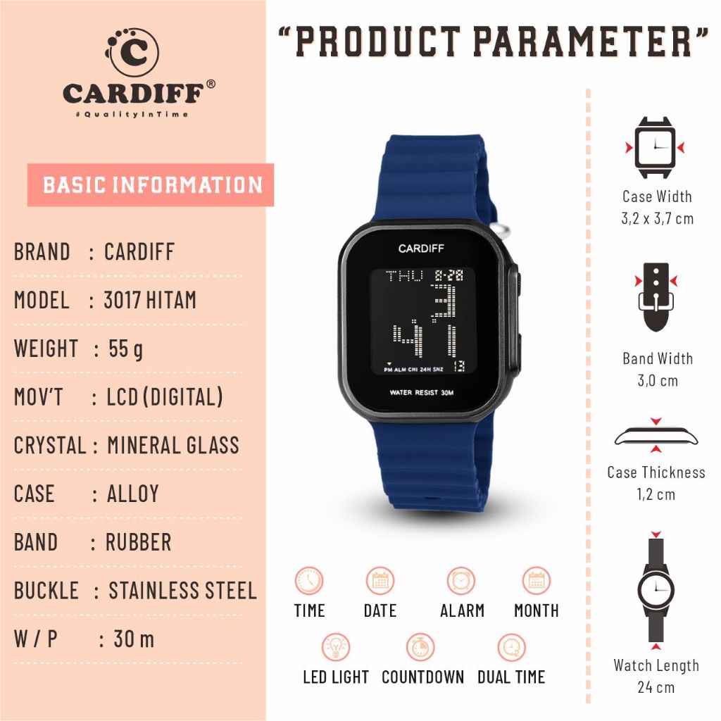 CARDIFF Jam Tangan  LCD Karet 3017 | Tahan Air | 30 meter