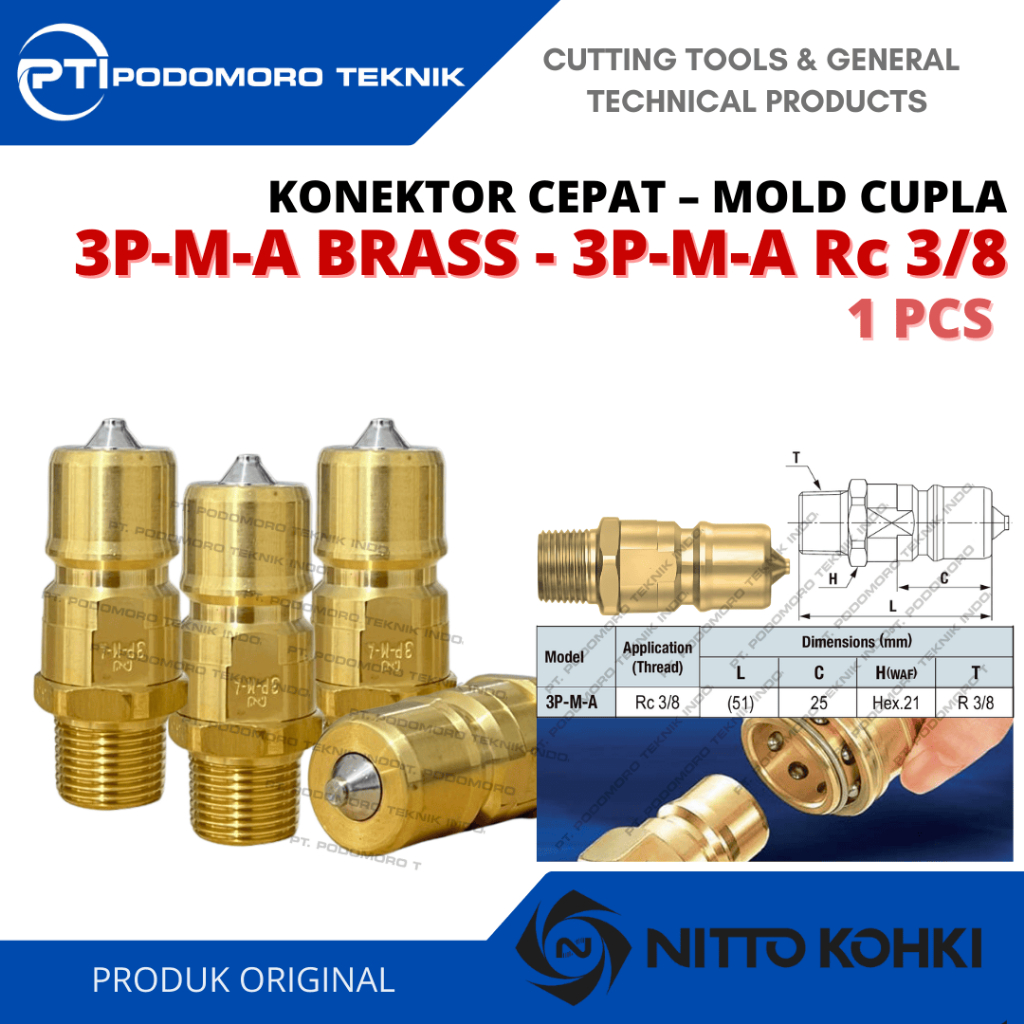 MOLD CUPLA 3P-M-A BRASS - 3 PMA ( RC 3/8 - 3/8 inci ) Male Thread, Nitto Kohki Original // Mold Cupl