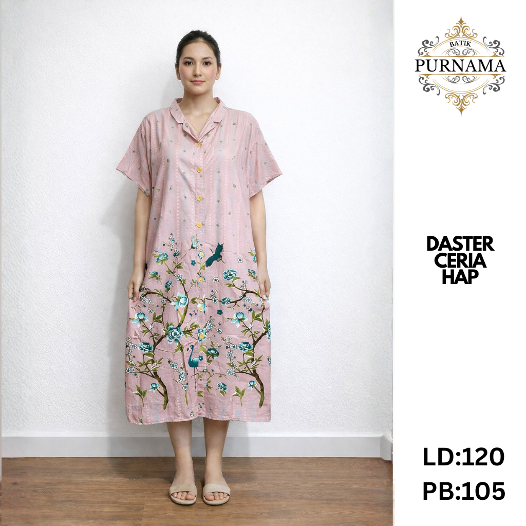 Daster Wanita Batik H.A.P Ceria – Rayon Premium Adem – Lengan Pendek – Panjang Sepaha – Kancing Depa