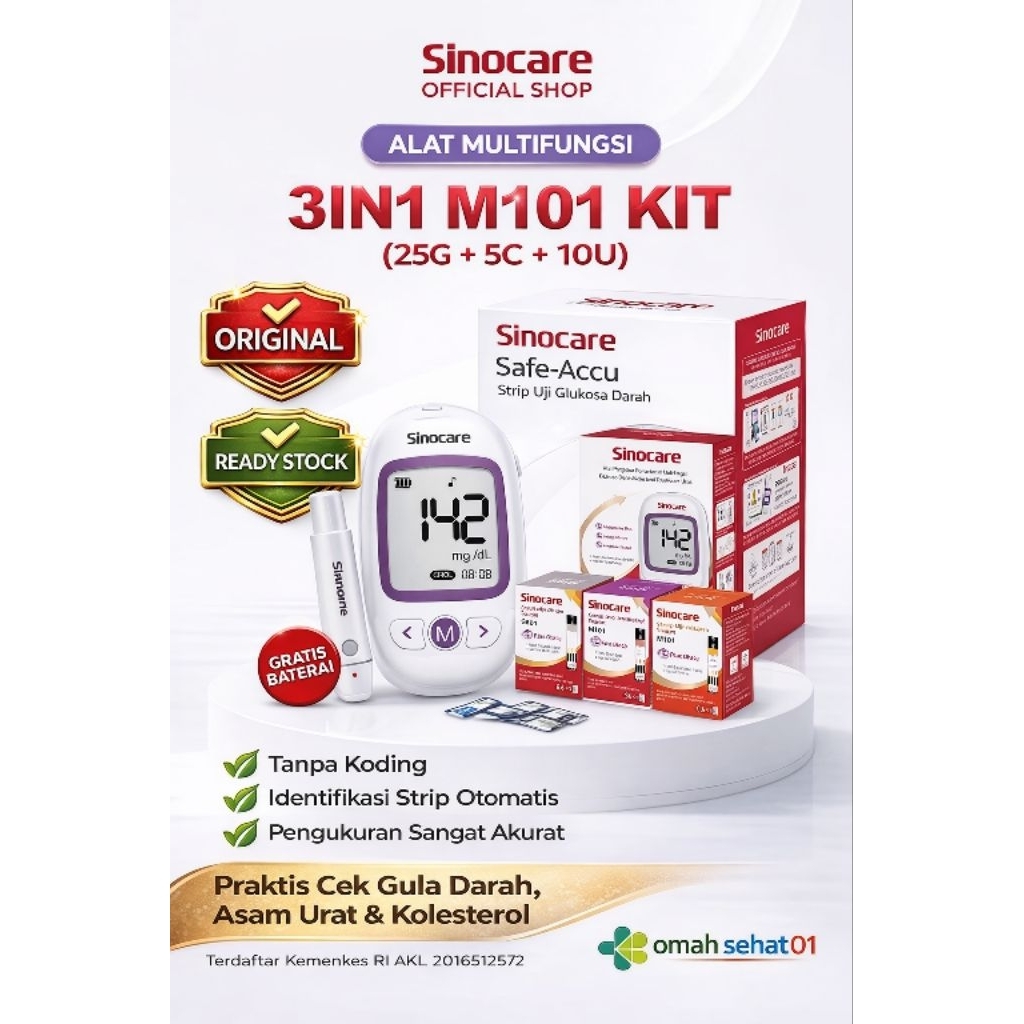 Alat Cek Gula Darah Kolesterol Asam Urat Sinocare M101 3in1 No Coding Akurat