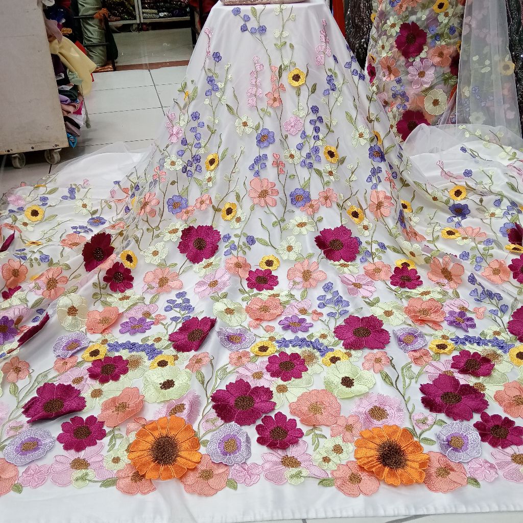 kain/bahan tile bordir garden 3D/bordir bunga timbul