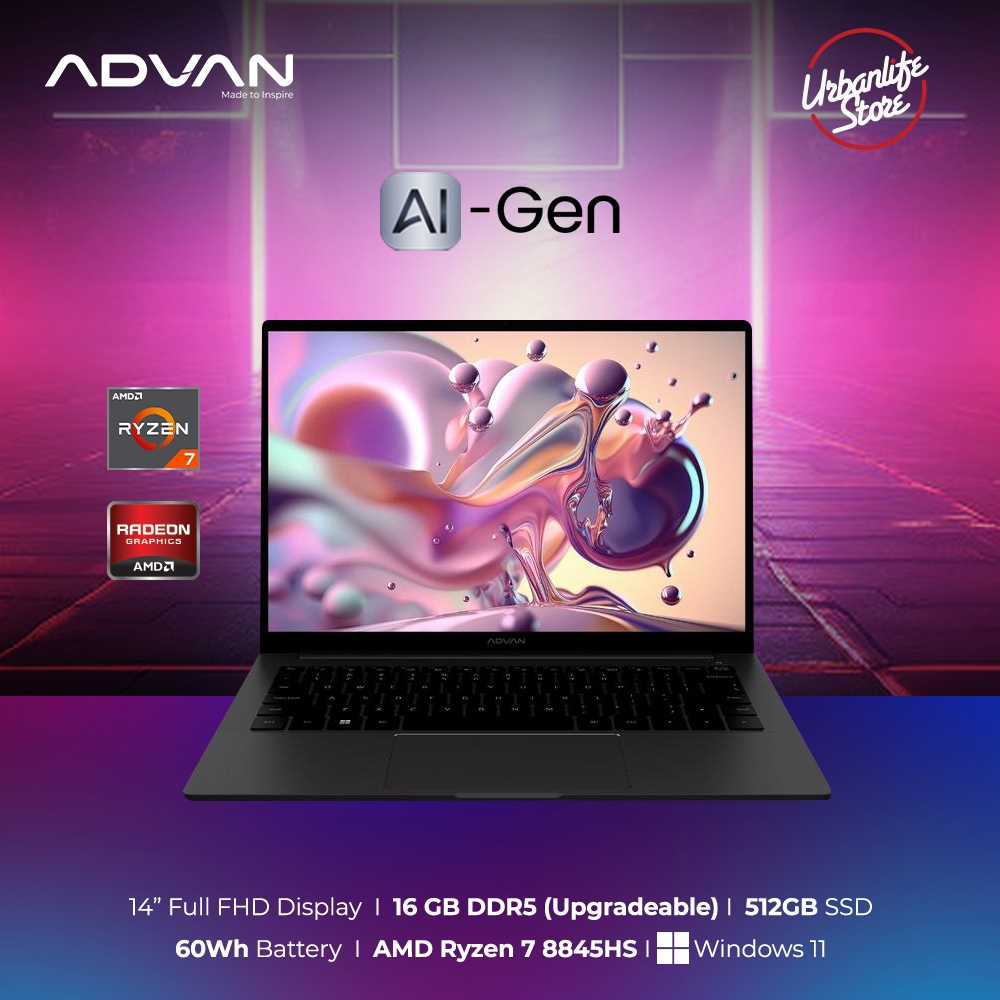 Advan Ai Gen Ryzen 7 8845HS  16GB/512GB Ai Laptop Advan Ai With NPU AMD Ryzen Ai (Ram upgradeable)