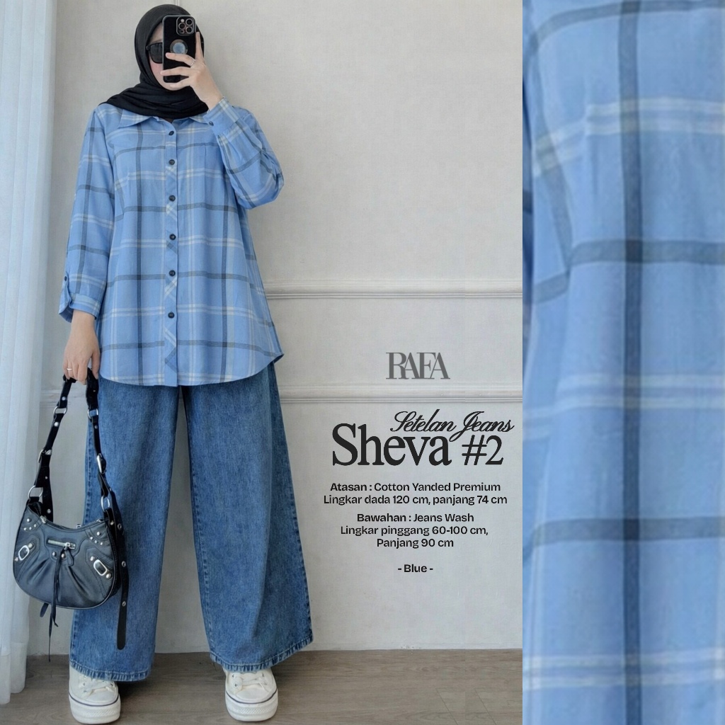 Setelan Kemeja Wanita Sheva Set Bahan Katun Motif Kotak Celana Jeans Ukuran Jumbo LD 120 cm