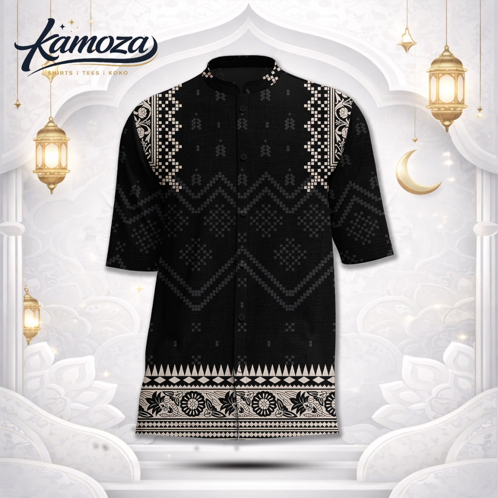 KAMOZA Baju Koko Printing Muslim Motif Batik Floral Etnick Simple Elegan Kurta Pria Black Gold Songk