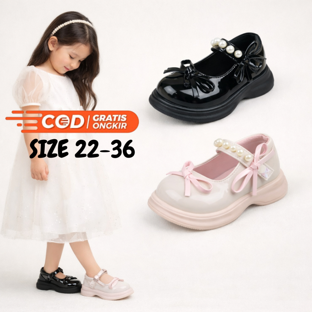 Sepatu Anak Perempuan Impor SIZE 22-36 GLORYKIDZ SHB549 Pantofel Pearl Bow Korea Stylish Lucu Elegan