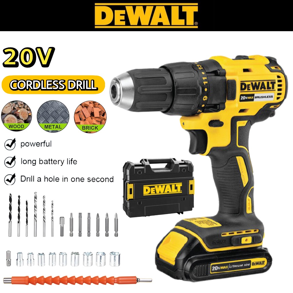 Dewalt Cordless Drill Electric Screwdriver Set Bor Listrik Tanpa Kabel dengan 2 Battery & Accessorie