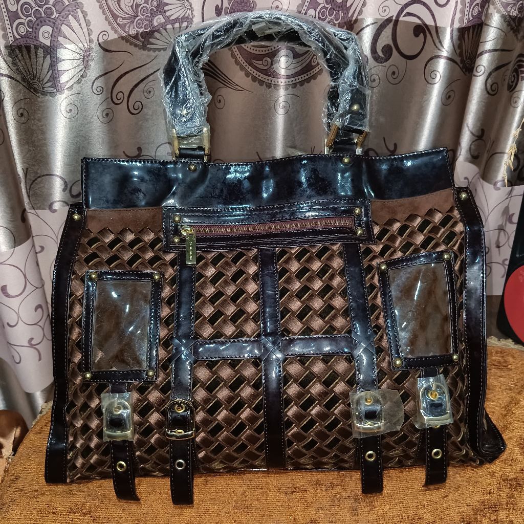 Versace Black Patent Vernis Leather and Suede Studded Tote bag