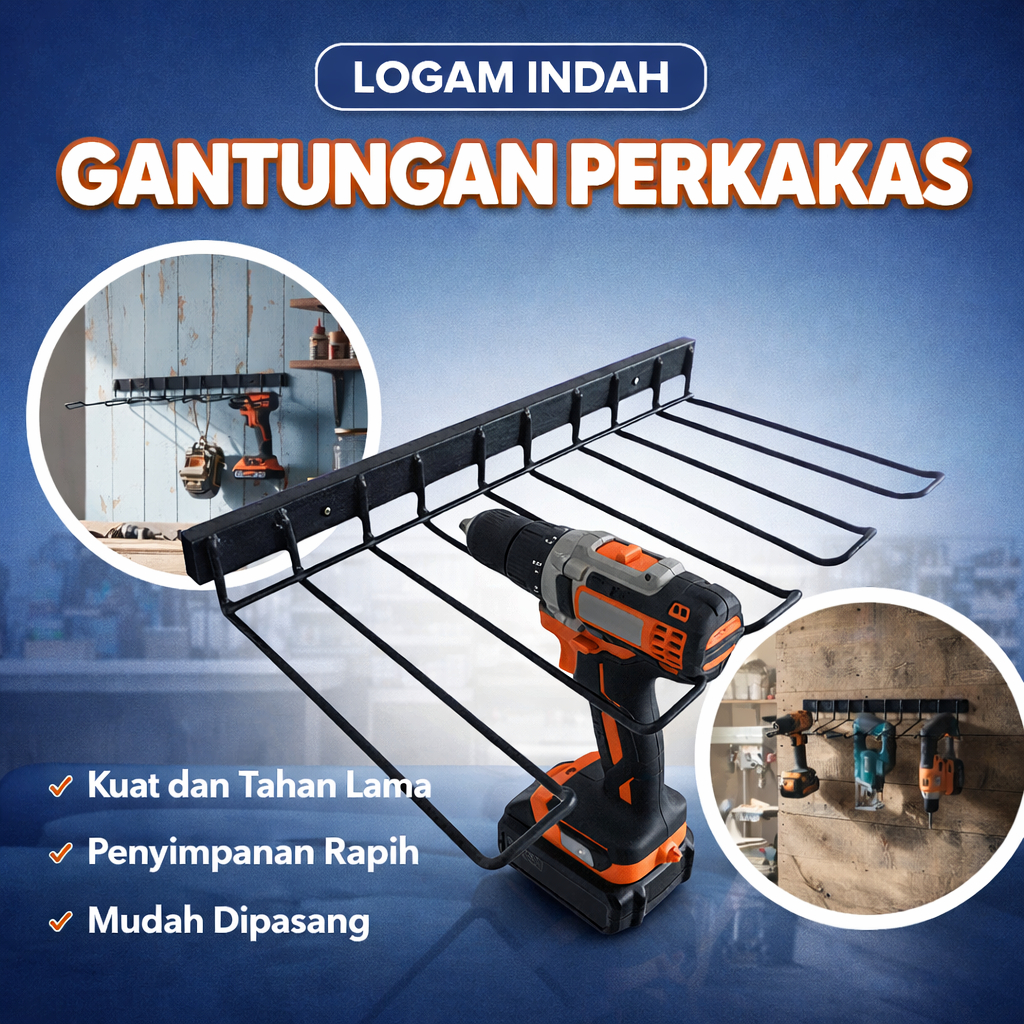Gantungan Perkakas Bor Tempel Dinding - Rak Gantung Perkakas - Dudukan Bor Listrik & Organizer Kunci