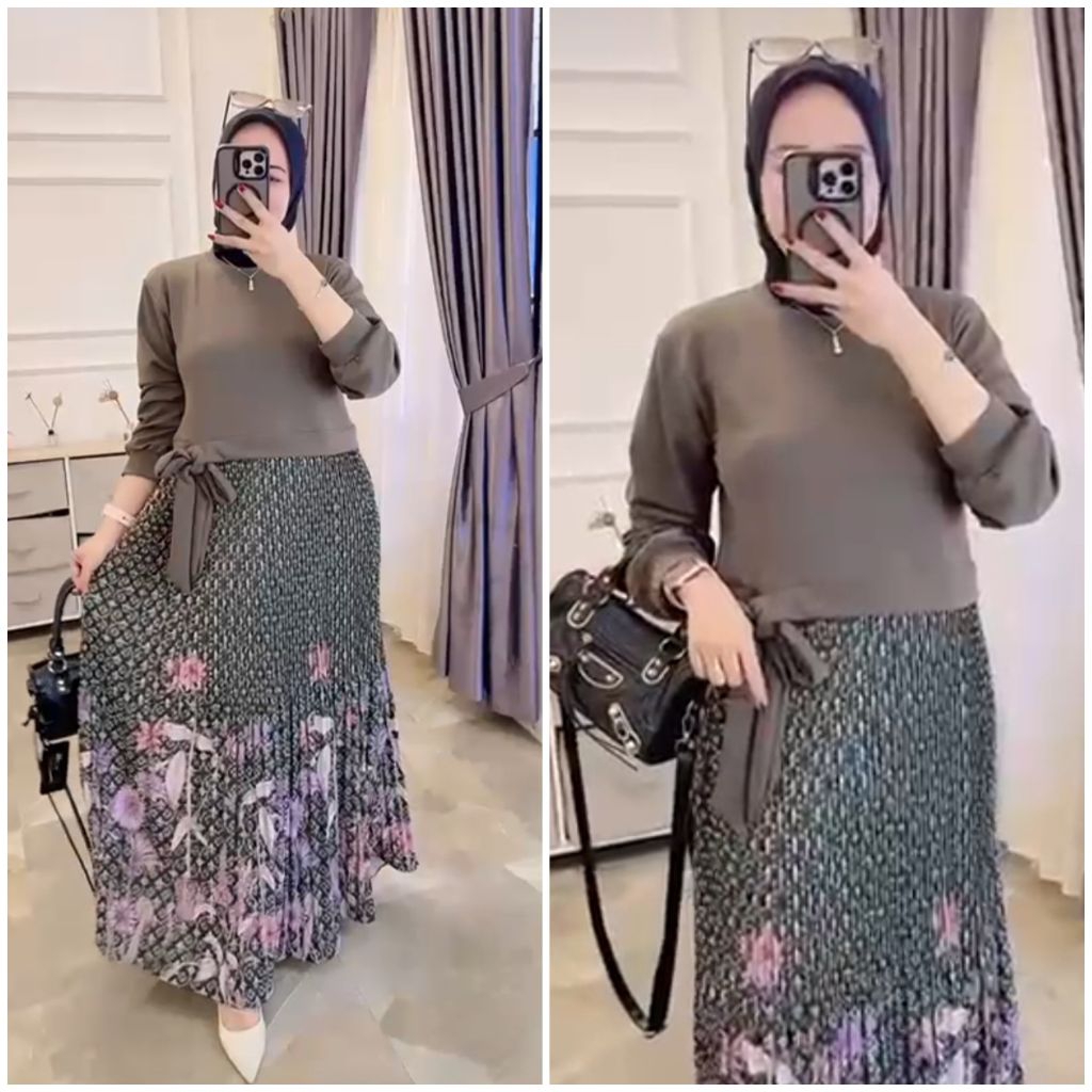 arshila gamis muslim plisket kombinasi kaos knit rajut motif cantik terbaru