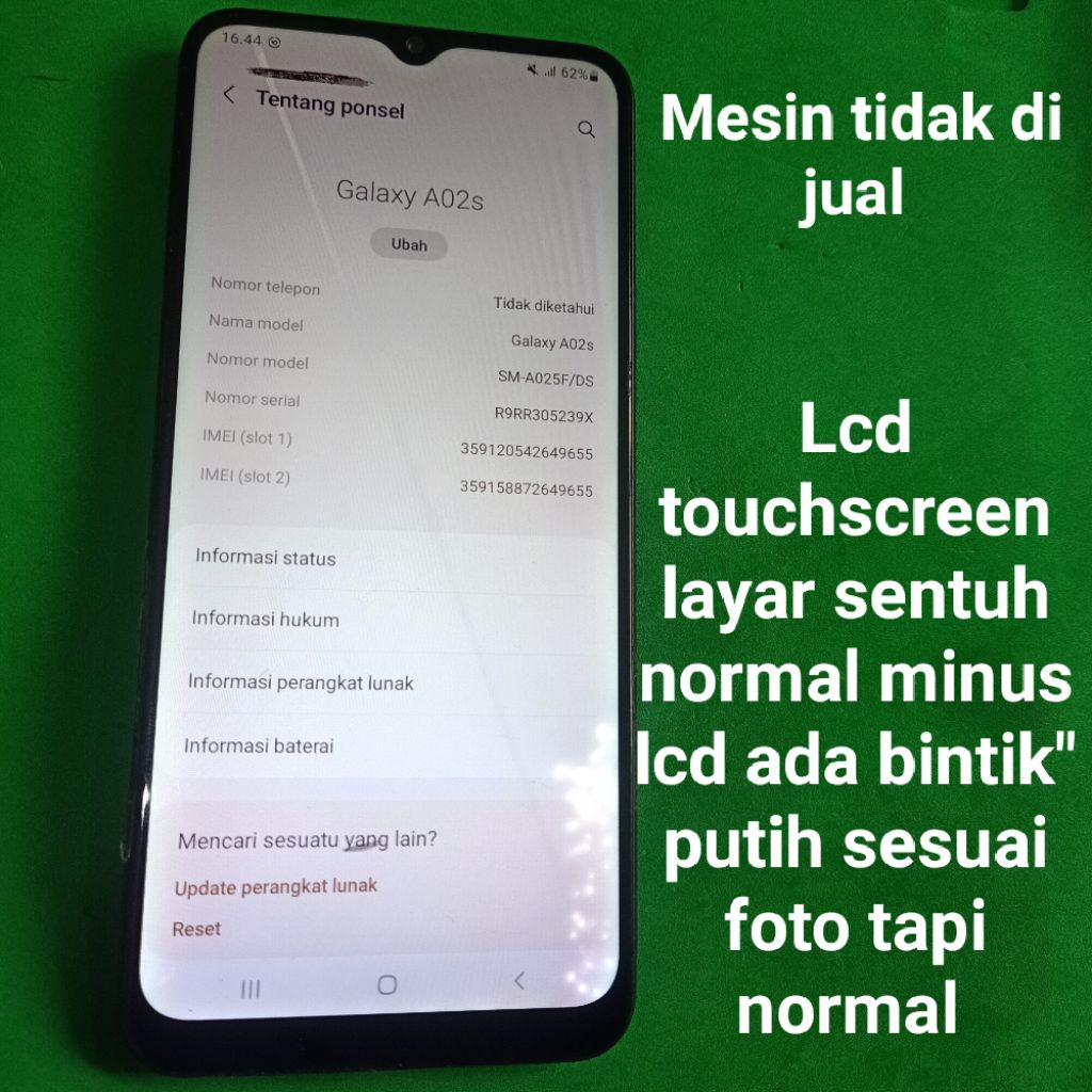 Lcd touchscreen Samsung A02s A025f bekas Copotan kwalitas OEM minus lcd ada bintik putih sesuai foto