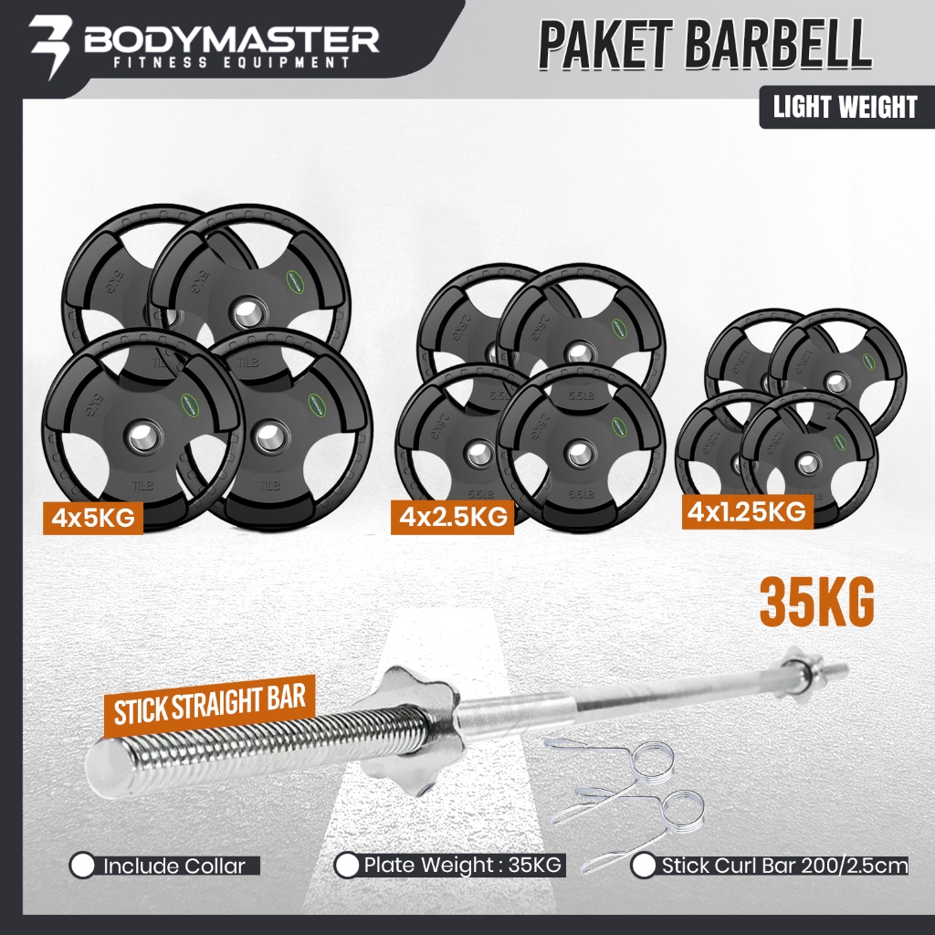 BODYMASTER Paket Barbel Stick 200 cm 2.5cm Plate Beban Rubber Basic 35kg, 50kg, 80kg