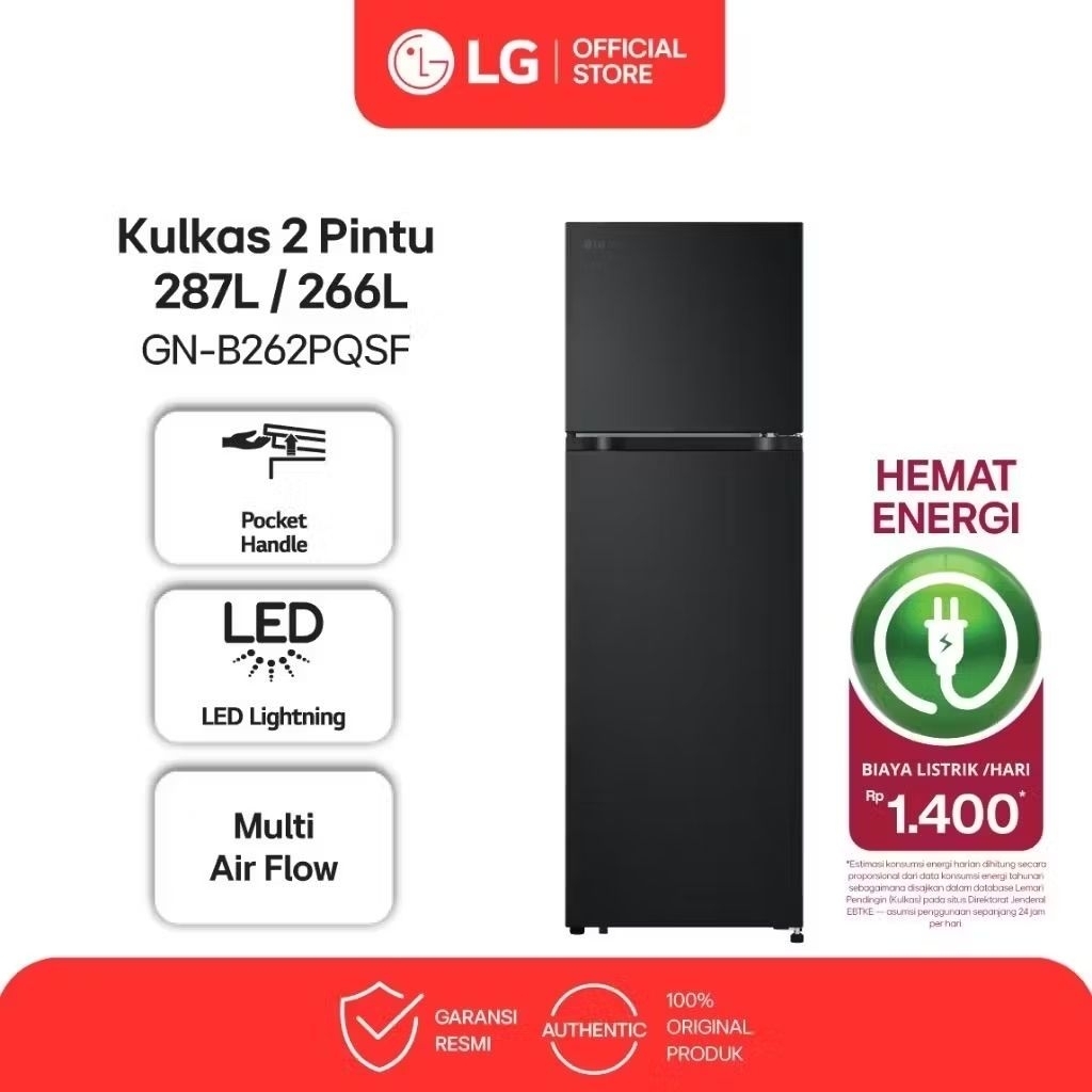 3LG Kulkas 2 Pintu 287L / 266L - Inverter Compressor - No Frost - Rak Kaca Tempered - Matte Black - 