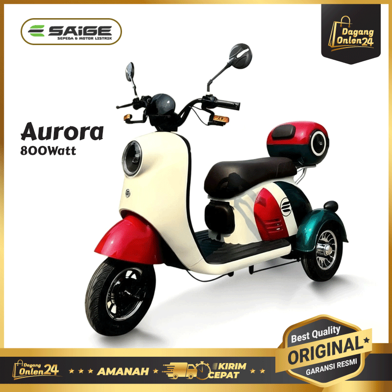 Sepeda Listrik Roda 3 SaiGe AURORA Sepedah Lucu Pink Anti Air Tricycle 800W Terbaru 2025 Garansi